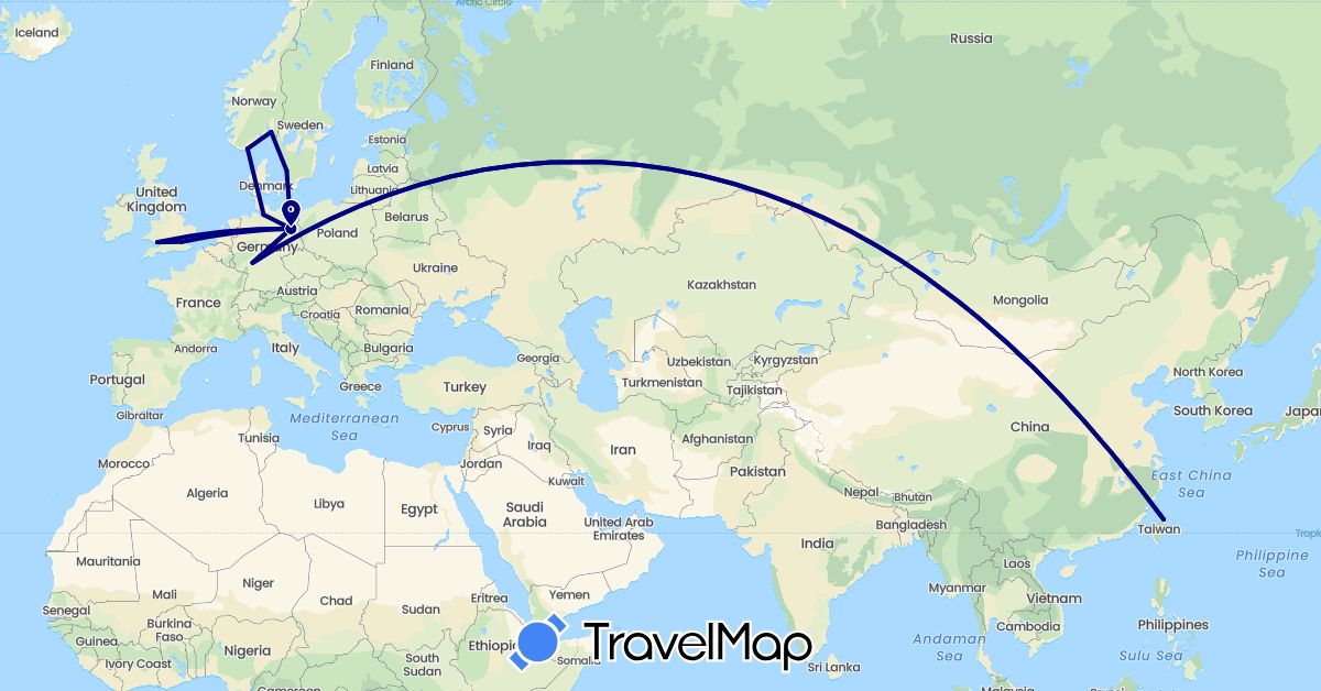 TravelMap itinerary: driving in Germany, United Kingdom, Norway, Sweden, Taiwan (Asia, Europe)